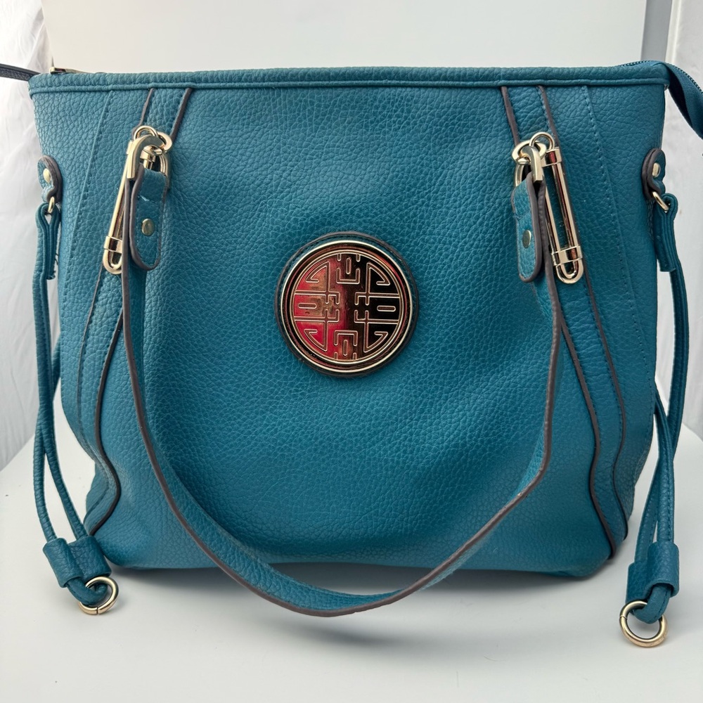Chic Teal Pebble Faux Leather Tote Handbag with Gold Accents & Geometric Emblem